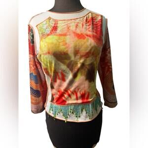 Y2K Patchwork Print Top Beaded Fringe Womens Size XS Made in USA Eclectic Fairy
